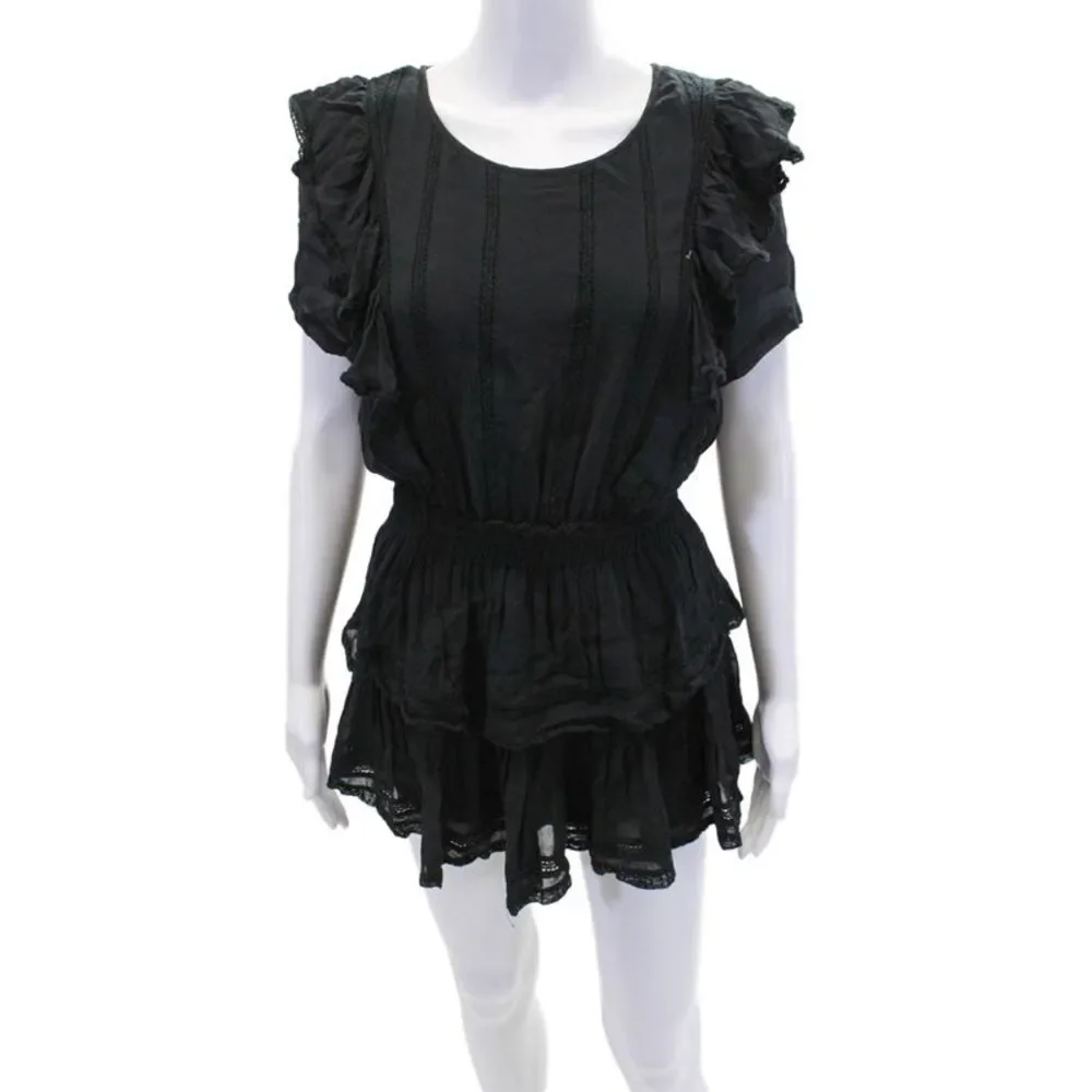 Love Shack Fancy Womens Short Sleeves Tiered A Line Dress Black Size Small